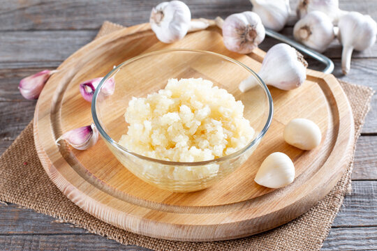 Frozen garlic. Frozen garlic puree on table. Frozen food Concept