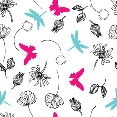 Butterfly and Dragonfly with Botanicals Vector Seamless Pattern