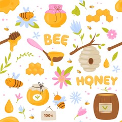 Bees honey seamless pattern. Healthy natural bee products, funny cartoon items, apiary and wild hives, honeycombs and organic sweets. Decor textile, wrapping paper wallpaper, vector print