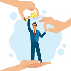 Guarantee victory. Help win. Support people in achieving goals. Cartoon man with award. Assistance hands takes care of successful businessman. Opportunity development. Vector concept