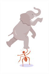 Small ant is raising a large elephant. Who is stronger? Interesting facts about insects. Relative comparison, measurement concept. Cute vector illustration in flat style on white isolated background.