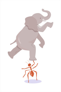 Small ant is raising a large elephant. Who is stronger? Interesting facts about insects. Relative comparison, measurement concept. Cute vector illustration in flat style on white isolated background.