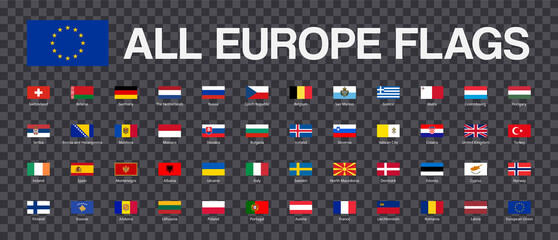 Europe icons flags collection. All european coutries rectangle flag symbol set. European union membership flags buttons. Isolated 16/9 EU flag signs. Vector illustration.