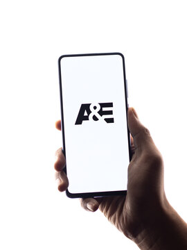 Assam, india - June 21, 2021 : A and E Network logo on phone screen stock image.