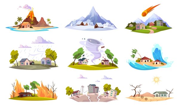 Natural disaster. Environment powers challenges and catastrophe, flooding, forest fire and hurricane danger, volcanic eruption, earthquake and tsunami, cataclysm effects damage vector set
