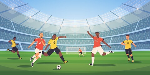 Soccer stadium players. Football match, athletes fighting, kicking ball, dynamic poses of people, different colors uniform, tense moment on field. Olympic sport. Vector flat cartoon isolated © YummyBuum