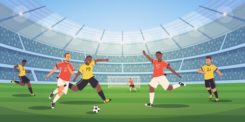 Soccer stadium players. Football match, athletes fighting, kicking ball, dynamic poses of people, different colors uniform, tense moment on field. Olympic sport. Vector flat cartoon isolated