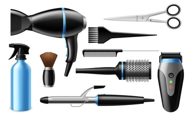 Realistic hairdresser tools. 3D professional salon accessories. Isolated barber equipment set. Beauty and hair care instruments. Vector scissors or curling iron, clippers and combs