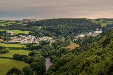 View over Taddiport village and the former creamery factory, Devon, England.
