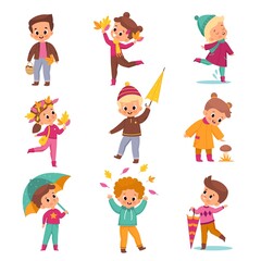 Obraz na płótnie Canvas Rainy day children. Kids in warm autumn outdoor clothes, cute boys and girls with umbrellas and yellow leaves, season activities, collect mushrooms, walking on puddles vector cartoon set