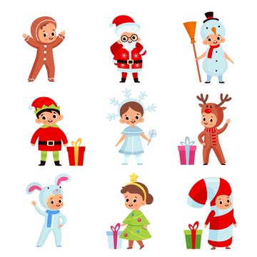 Kids in christmas costumes. Xmas cartoon children, new year holiday characters, animals and fairy-tale heroes, santa, deer and elf. Gingerbread cookie, festive tree and snowman vector set
