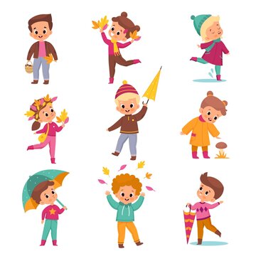 Rainy day children. Kids in warm autumn outdoor clothes, cute boys and girls with umbrellas and yellow leaves, season activities, collect mushrooms, walking on puddles vector cartoon set