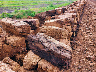 Closeup of rows of stacked bog peat briquette at a swampy field