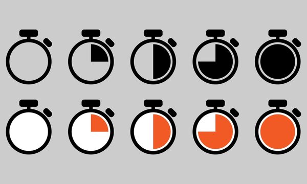Chrono. Timer, clock, stopwatch isolated set icons. Label cooking time. Vector Isolated illustration.