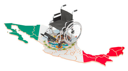 Wheelchair with Mexican flag. Disability in Mexico concept, 3D rendering