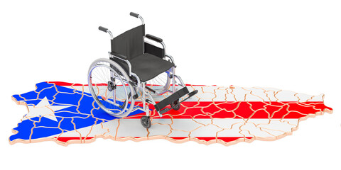 Wheelchair with Puerto Rican flag. Disability in Puerto Rico concept, 3D rendering