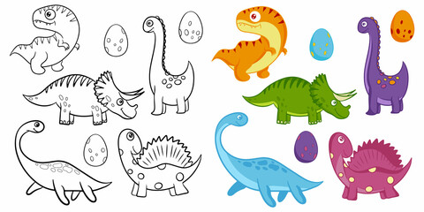 Set of cartoon dinosaurs for coloring. Black and white vector illustration. Children's educational game. Flat cartoon style.