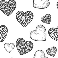 Three hearts, snake, leopard and sketch. Sign and symbol of love. Seamless background.