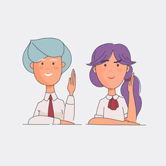 Group portrait of smiling schoolmates boy and girl students raising their hands in the classroom.