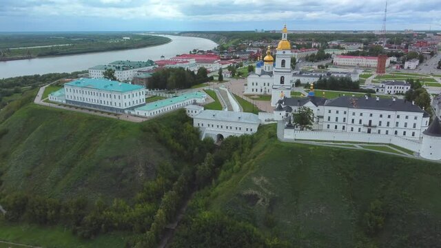 Tobolsk, Russia - July 29, 2021: Bird eye view onto Tobolsk Kremlin with St. Sophia-Assumption Cathedral in summer day. Tyumen region