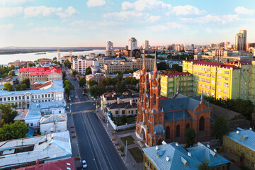 Aerial view of beautiful catholic church in Samata city in gothic style