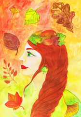 Portrait of a girl with autumn leaves. Children's drawing