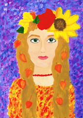 Portrait of a girl with a wreath of flowers and leaves on her head. Child's drawing