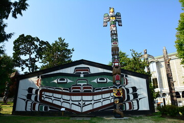 Mungo Martin house and totems in Thunderbird Park in Victoria BC, Canada.