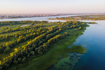 Aerial view of Samara city with Volga river in the sunset