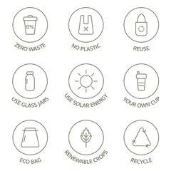 Zero waste line icons set. Recycle, reuse, reduce logo. Eco, bio pictogram. Ecology concept. Sustainable package. Save the planet. Sort waste emblem. Renewable crops. Vector illustration