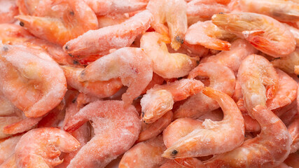 Fresh shrimps in ice. Top view.