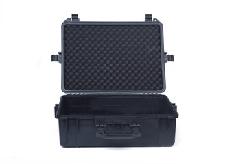 front view of black safety briefcase isolated on white background, open