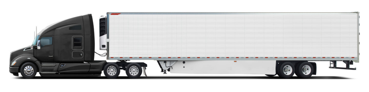 A Large Modern American Truck With A White Trailer And A Black Cab. Side View Isolated On White Background.
