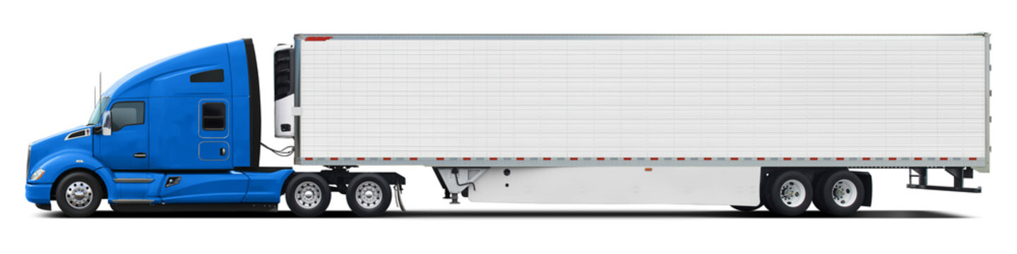 A large modern American truck with a white trailer and a blue cab. Side view isolated on white background.