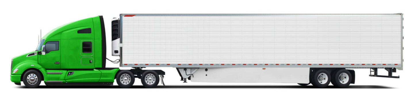 A large modern American truck with a white trailer and a green cab. Side view isolated on white background.