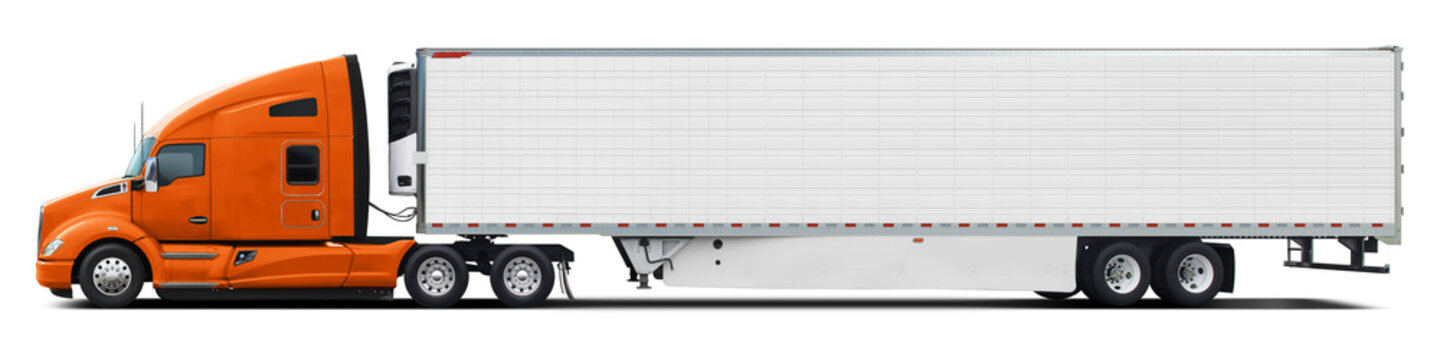 A large modern American truck with a white trailer and a orange cab. Side view isolated on white background.
