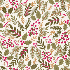 Seamless Christmas vector pattern with pine branches, leaves, berries. Botanical pattern. Winter floral greenery design.