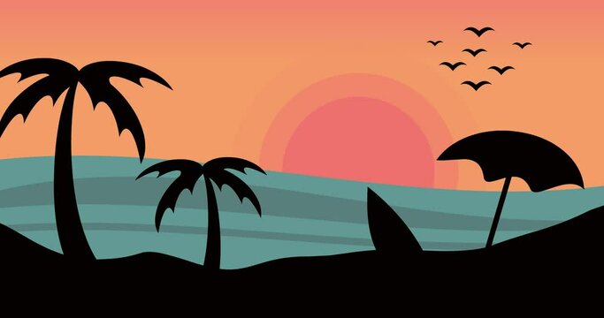 beach tree bird sun panorama vector never ending animation 4k video