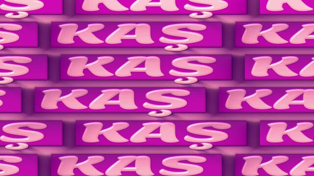 Kas in Turkish. Kinetic text looped background. 4K video. Words moving left and right. Color kinetic Turkey Kas loop 4K background for trendy advertising campaign, resort adv, travel promo, notice.