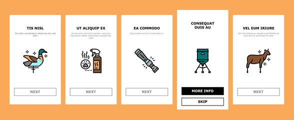 Fototapeta premium Hunting Shop Selling Onboarding Mobile App Page Screen Vector. Hunting Shop Sale Line Geolocated Device And Weapon, Binoculars And Camera, Crossbow And Camouflage. Illustrations