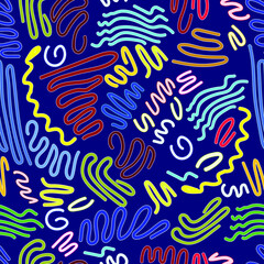 seamless pattern of multi-colored curved lines in the form of doodles on a dark blue background for prints on fabric, packaging, clothing, linen, as well as for interior decoration, covers 