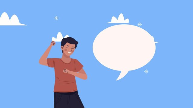 young man dancing with speech bubbble character