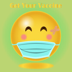 Get Vaccinate. Vaccination. Covid - 19 vaccine. Yellow Emoji wit mask. Smileys.