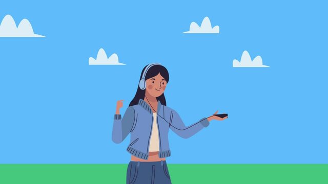 young woman dancing with headset in the camp