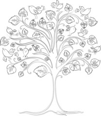 Contour drawing of fantasy tree with decorative leaves and birds