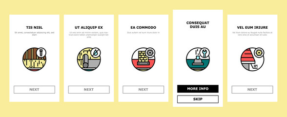 Roof Replacement Job Onboarding Mobile App Page Screen Vector. Metal And Wooden Roof Replacement, Installation Solar Panel And Skylight, Ventilation And Renovation Illustrations