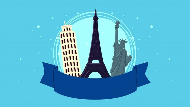 bon voyage animation with landmarks in ribbon