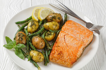 roast Salmon with pesto dressed veggies, top view