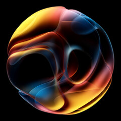 3d render of abstract art of surreal alien ball flower in spherical round wavy spiral smooth soft biological lines forms in transparent plastic in yellow and blue gradient color on black background