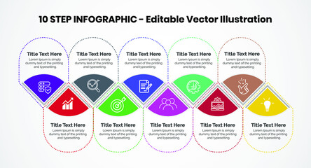 10 Steps Infographics Design Template - Graph, Pie chart, workflow layout, cycling diagram, brochure, report, presentation, web design. Editable Vector illustration
